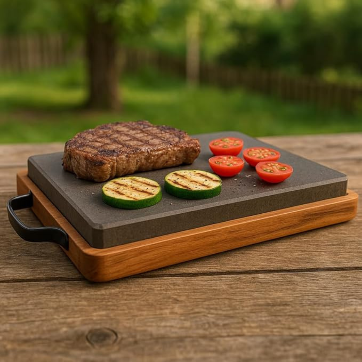 Piastra artigianale in pietra lavica e teak Kalu Creations per cucina gourmet