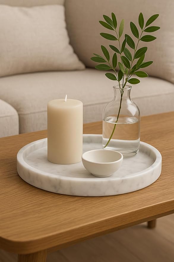 Carrara Marble Round Plate Ø 25 cm – Elegant Tray for Bathroom, Kitchen and Living Room – Handmade Italian Design Organizer | Kalu Creations