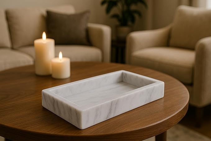 White Marble Tray 25x15 cm – Elegant Storage Tray for Bathroom, Kitchen or Living Room – Handmade in Italy by Kalu Creations