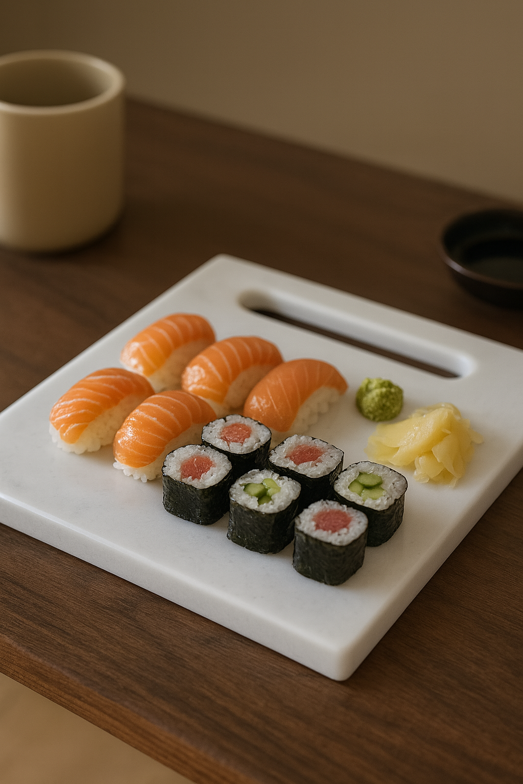 Tagliere design quadrato in marmo bianco per sushi e antipasti