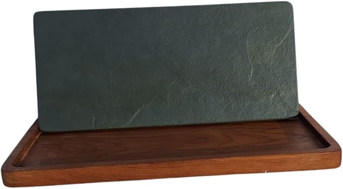 Green Slate and Teak Wood Tray – Elegant Rectangular Serving Tray for Kitchen and Dining Table 30x15 cm – Handmade in Italy – Kalu Creations