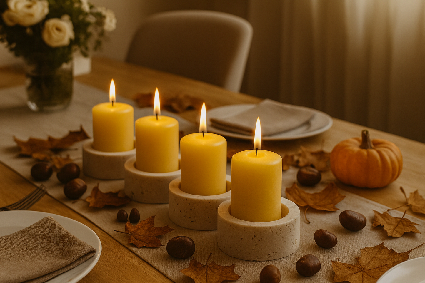 Accessorio decorativo in travertino per tavola autunnale