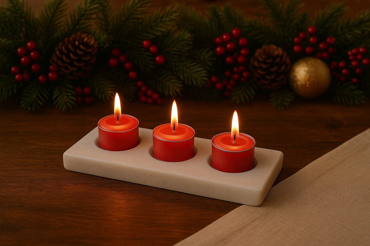 Dettaglio portacandele lungo in marmo con venature naturali