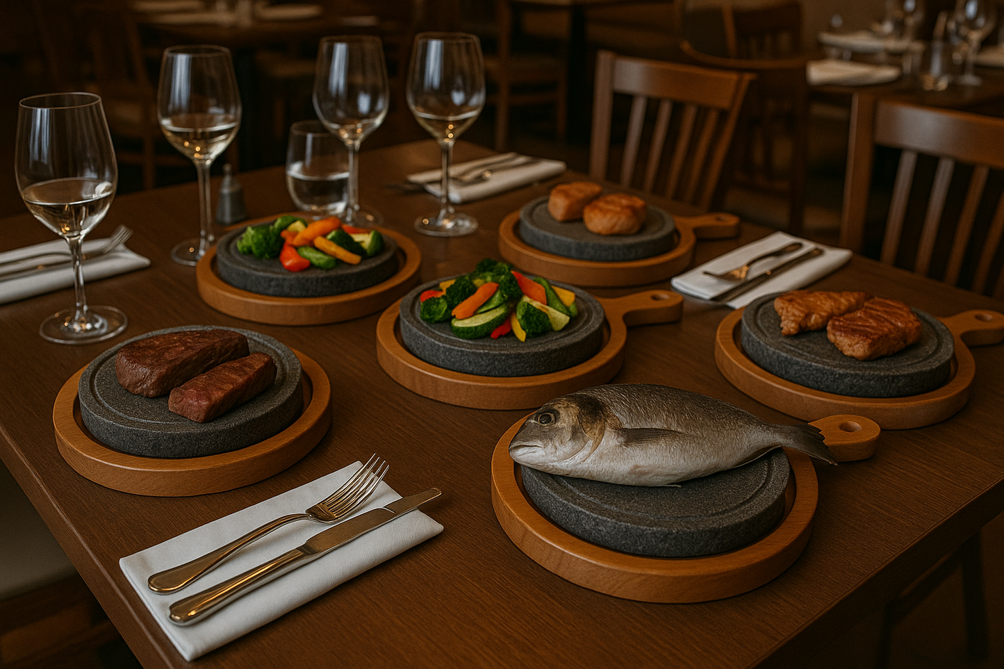 Piastra in pietra lavica artigianale Kalu Creations con scolo e base in legno, cottura uniforme ed effetto pietra calda