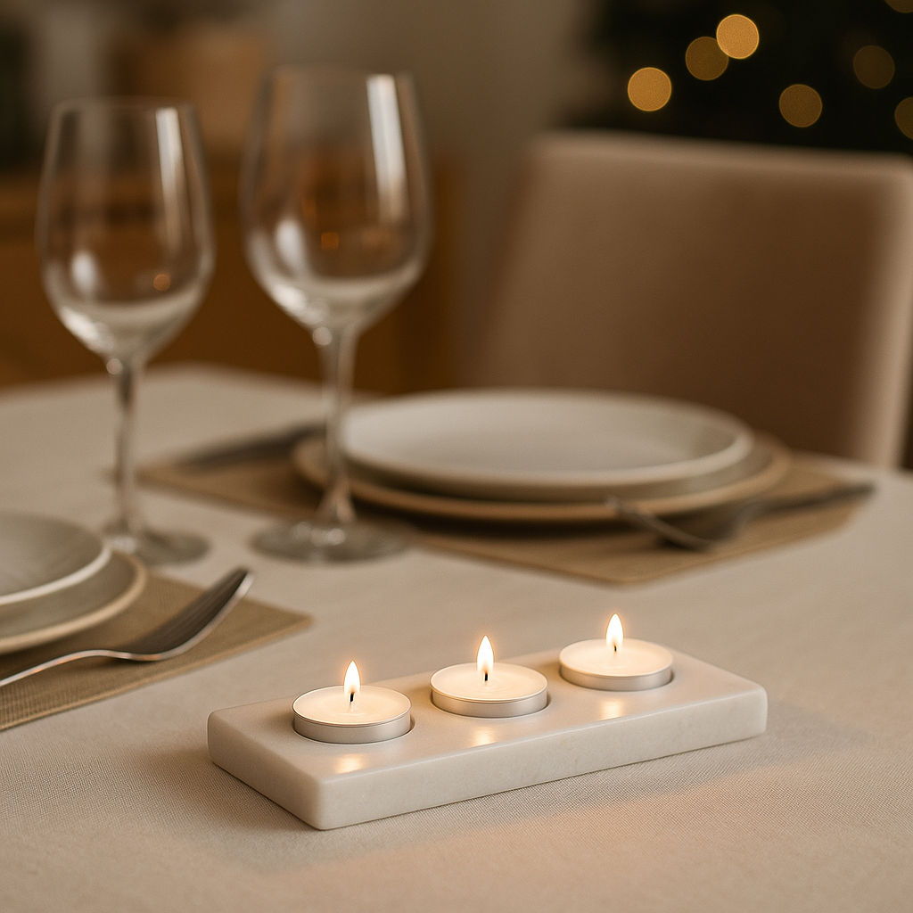 Centrotavola in marmo bianco con 3 tealight – Design Kalu Creations