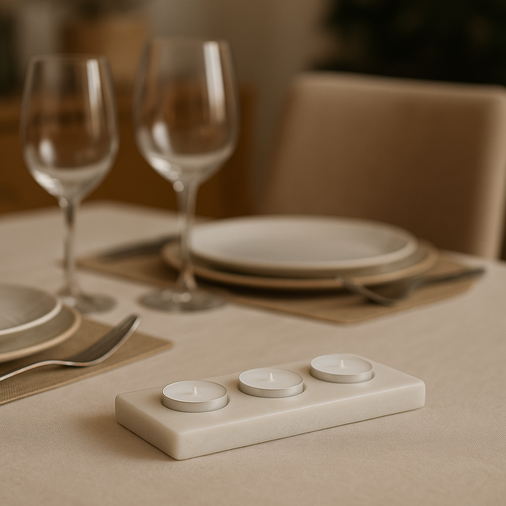 Centrotavola in marmo bianco con 3 tealight – Design Kalu Creations