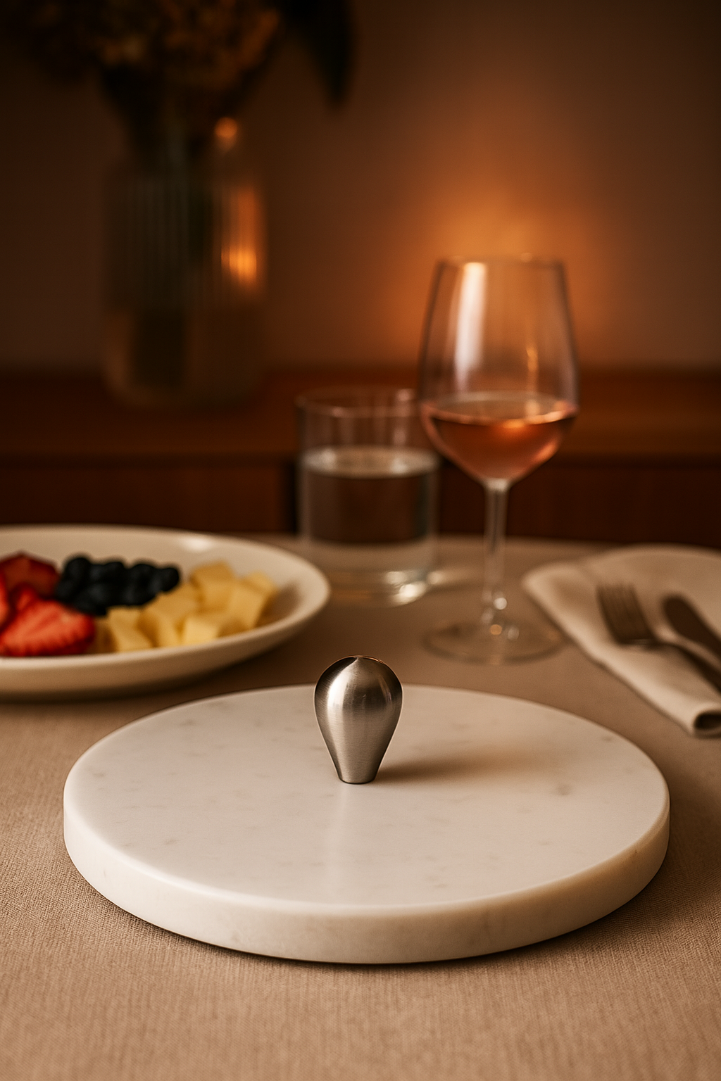 Tagliere di design in marmo bianco Pomo con pomello centrale in metallo e selezione di salumi italiani