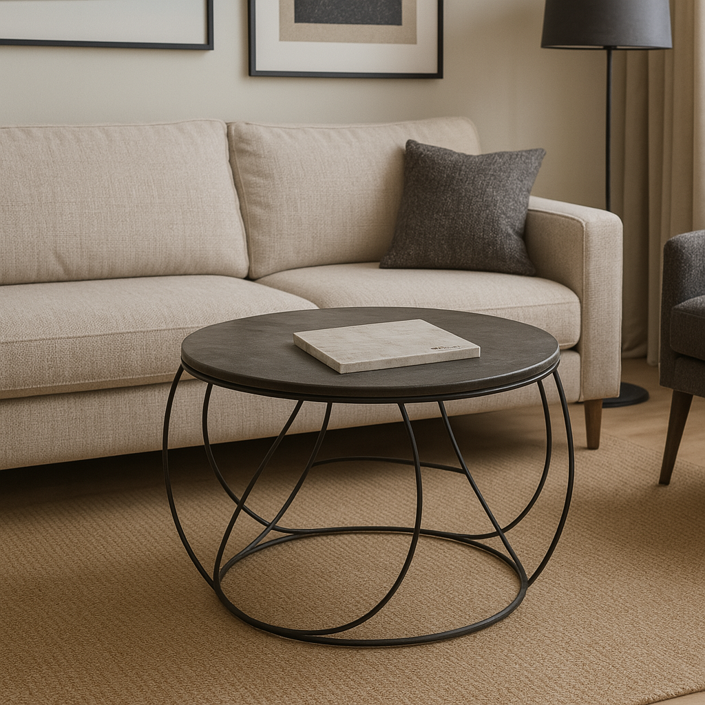 Round Slate and Iron Side Table Ø60 cm – Handmade in Italy – Modern and Minimalist Design – Natural Stone Top – H 51 cm – KALU Creations