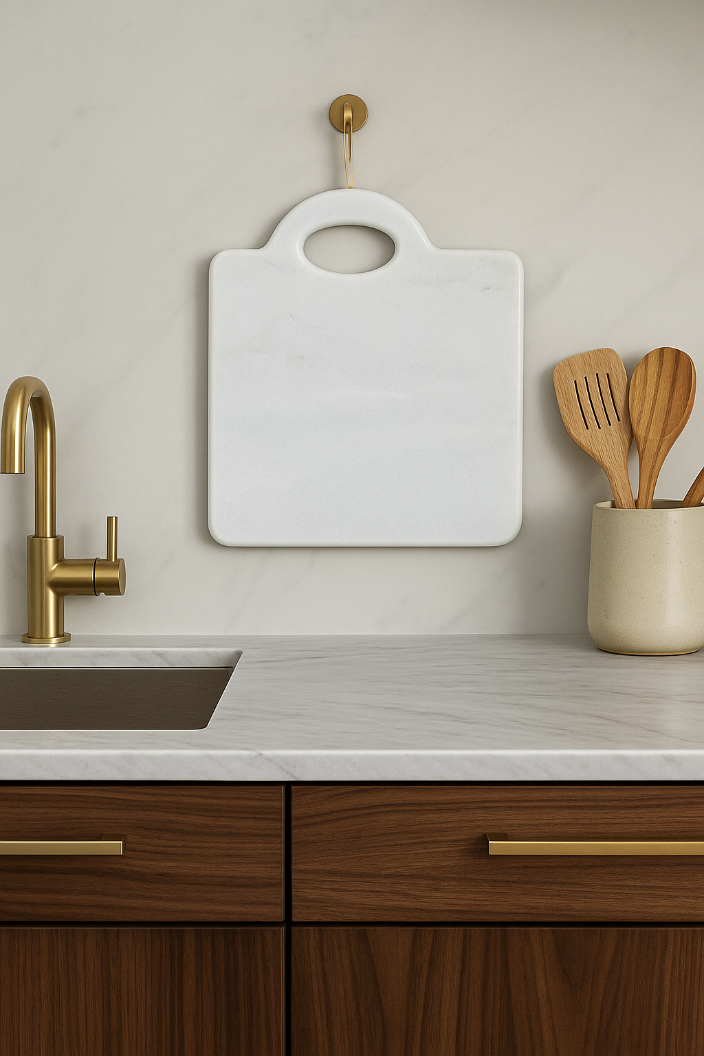 Decorative white marble cutting board with handle, natural stone home decor