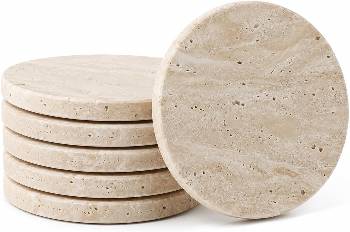 Set de 6 Posavasos Redondos de Travertino Natural Ø10 cm – Elegantes y Resistentes, Antirrayaduras y Antimanchas – Hechos a Mano en Italia | Kalu Creations