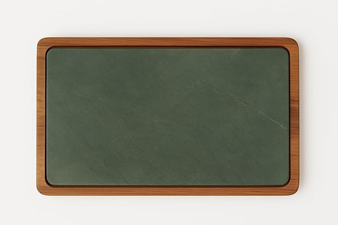 Green Slate and Teak Wood Tray – Elegant Rectangular Serving Tray for Kitchen and Dining Table 30x15 cm – Handmade in Italy – Kalu Creations