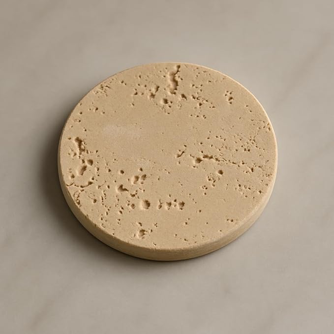 Set of 4 Round Natural Travertine Coasters Ø10 cm – Elegant and Durable, Scratch and Stain Resistant – Handmade in Italy | Kalu Creations