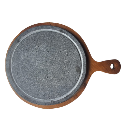 Piastra in pietra lavica naturale con scolo su base in legno 34x25 cm per cottura di carne, pesce e verdure – Made in Italy