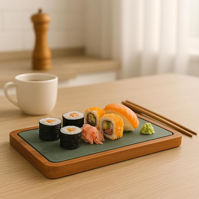 Green Slate and Teak Wood Tray – Elegant Rectangular Serving Tray for Kitchen and Dining Table 30x15 cm – Handmade in Italy – Kalu Creations