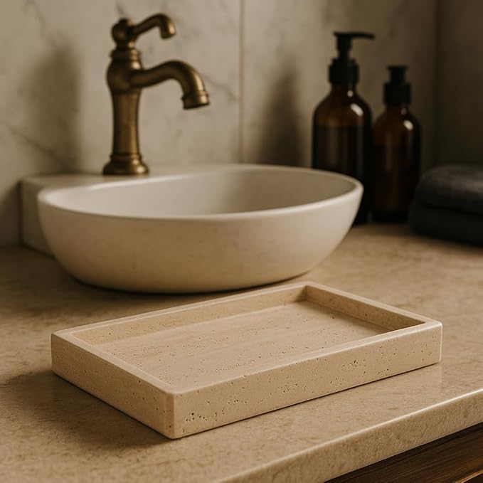 Elegant Rectangular Tray in Natural Travertine 25x15 cm | Decorative Stone Organizer for Bathroom, Entryway or Living Room – Handmade in Italy by Kalu Creations