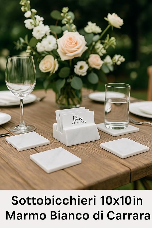 Set of 4 Square Carrara Marble Coasters 10x10 cm – Elegant and Natural – Stain and Scratch Resistant – Handmade in Italy | Kalu Creations