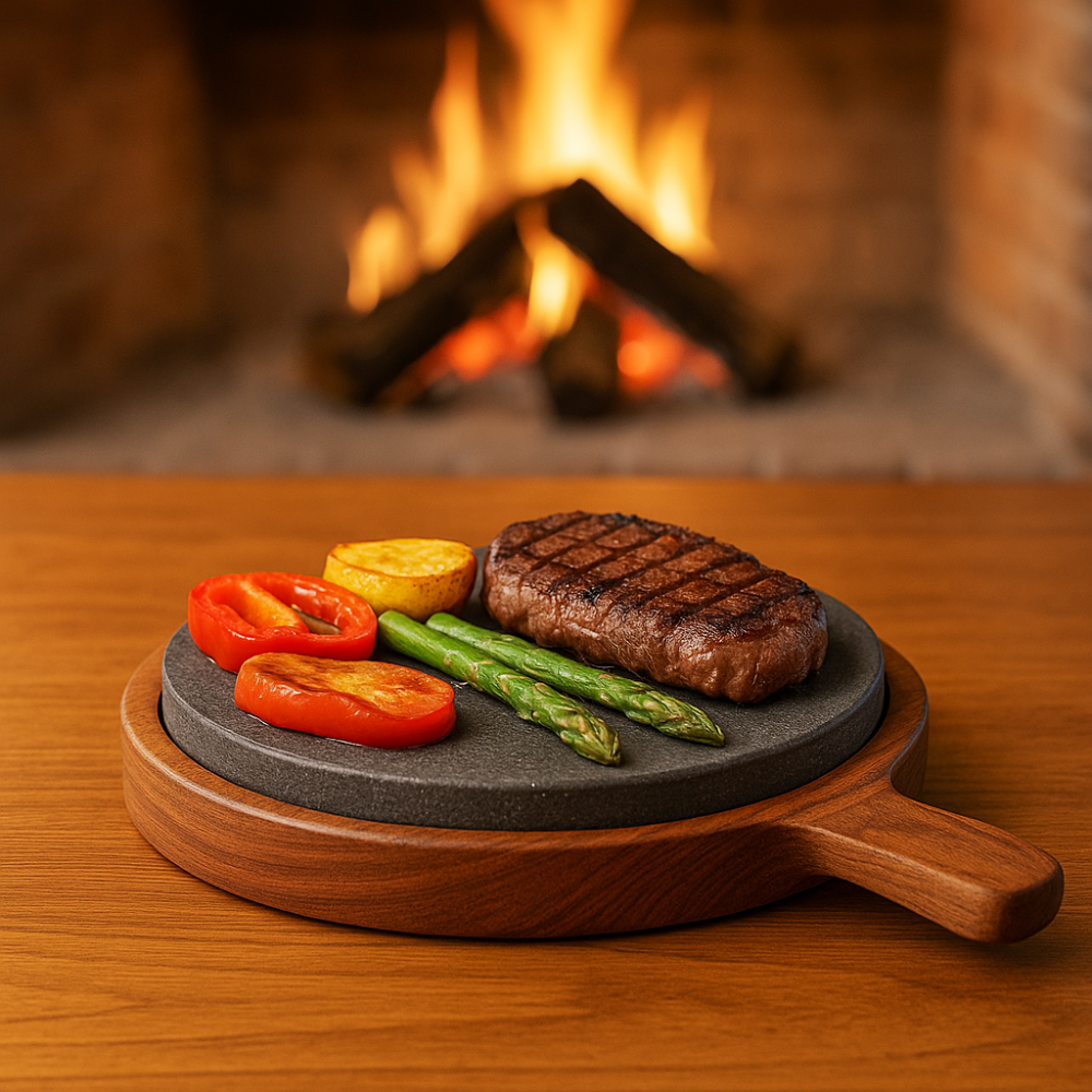 Piastra grande in pietra lavica con base in legno naturale per cucina gourmet e tavola elegante