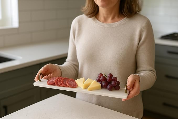 Slim Marble Cutting Board 38x9.5 cm – With Metal Ring Handles – Handmade in Italy – Elegant and Minimal – Ideal for Appetizers, Cheese or Sushi – KALU Creations