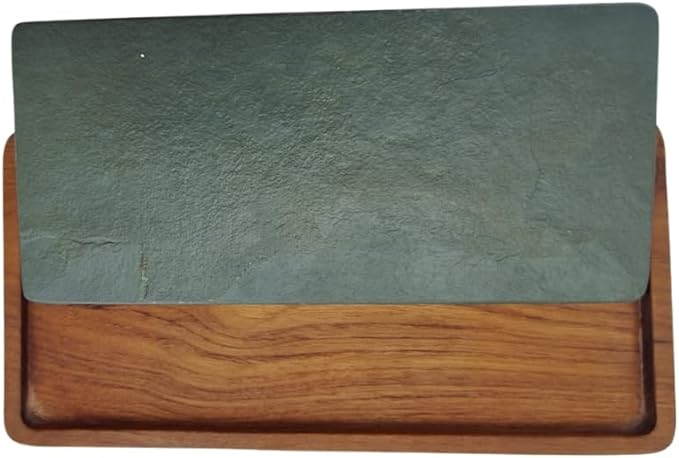 Green Slate and Teak Wood Tray – Elegant Rectangular Serving Tray for Kitchen and Dining Table 30x15 cm – Handmade in Italy – Kalu Creations