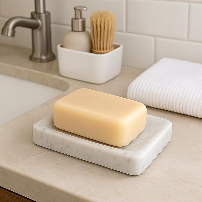 White Marble Soap Dish 13x8 cm – Handmade in Italy – Elegant Natural Stone Soap Holder for Modern and Refined Bathrooms | Kalu Creations