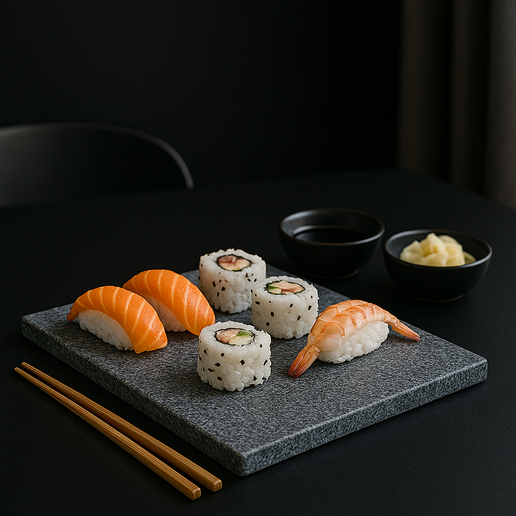 Tagliere design in granito nero per sushi e antipasti