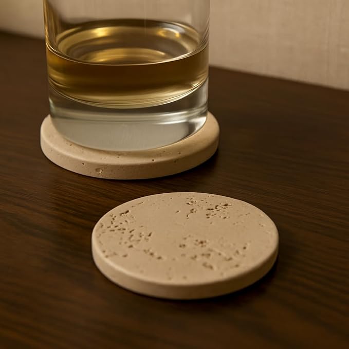 Set of 4 Round Natural Travertine Coasters Ø10 cm – Elegant and Durable, Scratch and Stain Resistant – Handmade in Italy | Kalu Creations