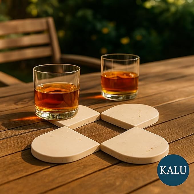 Set of 4 Natural Travertine Coasters – Modern Teardrop Shape – Stain and Scratch Resistant – Elegant Handmade Coasters for Table, Kitchen, Bar and Living Room – Made in Italy