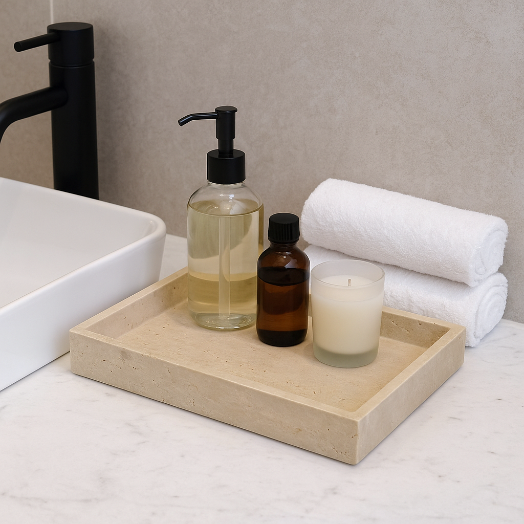 Vassoio in travertino con bordo contenitivo 30×20 – uso su piano bagno
