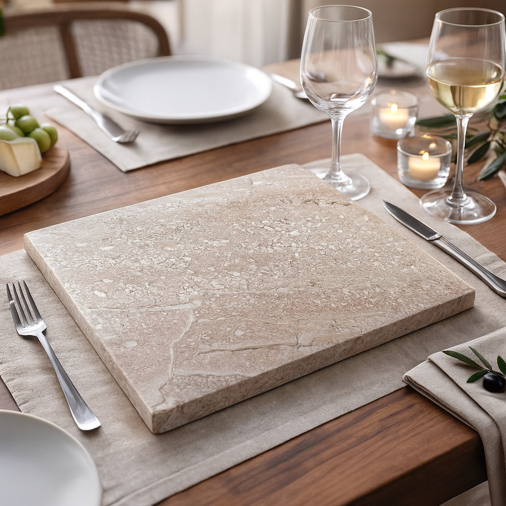 Dolomia Salentina marble cutting board styled on elegant dining table