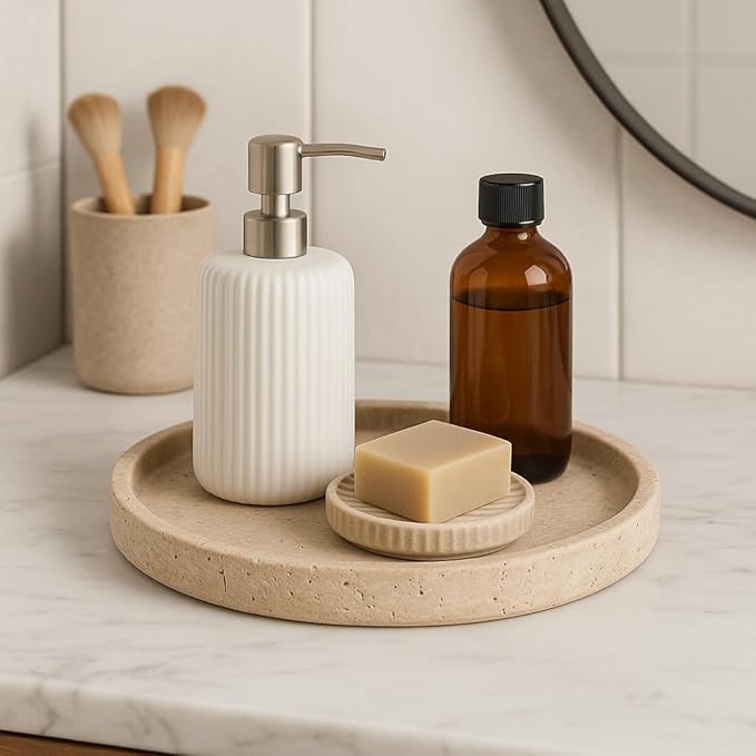 ROTONDI – Round Travertine Plate Ø 25 cm | Elegant Tray for Bathroom, Kitchen or Home Decor | Kalu Creations