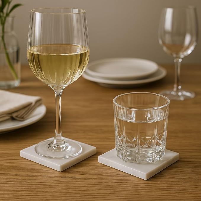 Set of 4 Square Carrara Marble Coasters 10x10 cm – Elegant and Natural – Stain and Scratch Resistant – Handmade in Italy | Kalu Creations