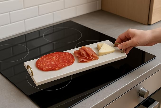 Slim Marble Cutting Board 38x9.5 cm – With Metal Ring Handles – Handmade in Italy – Elegant and Minimal – Ideal for Appetizers, Cheese or Sushi – KALU Creations