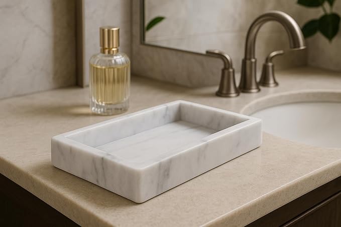 White Marble Tray 25x15 cm – Elegant Storage Tray for Bathroom, Kitchen or Living Room – Handmade in Italy by Kalu Creations