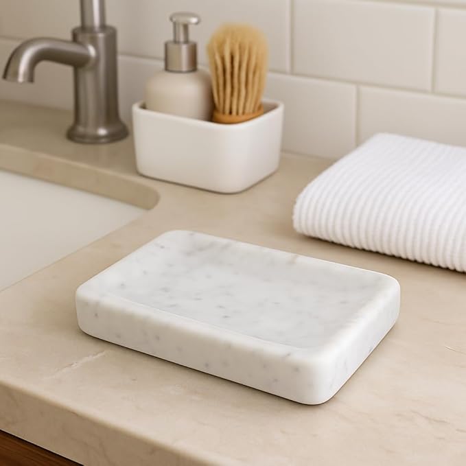 White Marble Soap Dish 13x8 cm – Handmade in Italy – Elegant Natural Stone Soap Holder for Modern and Refined Bathrooms | Kalu Creations