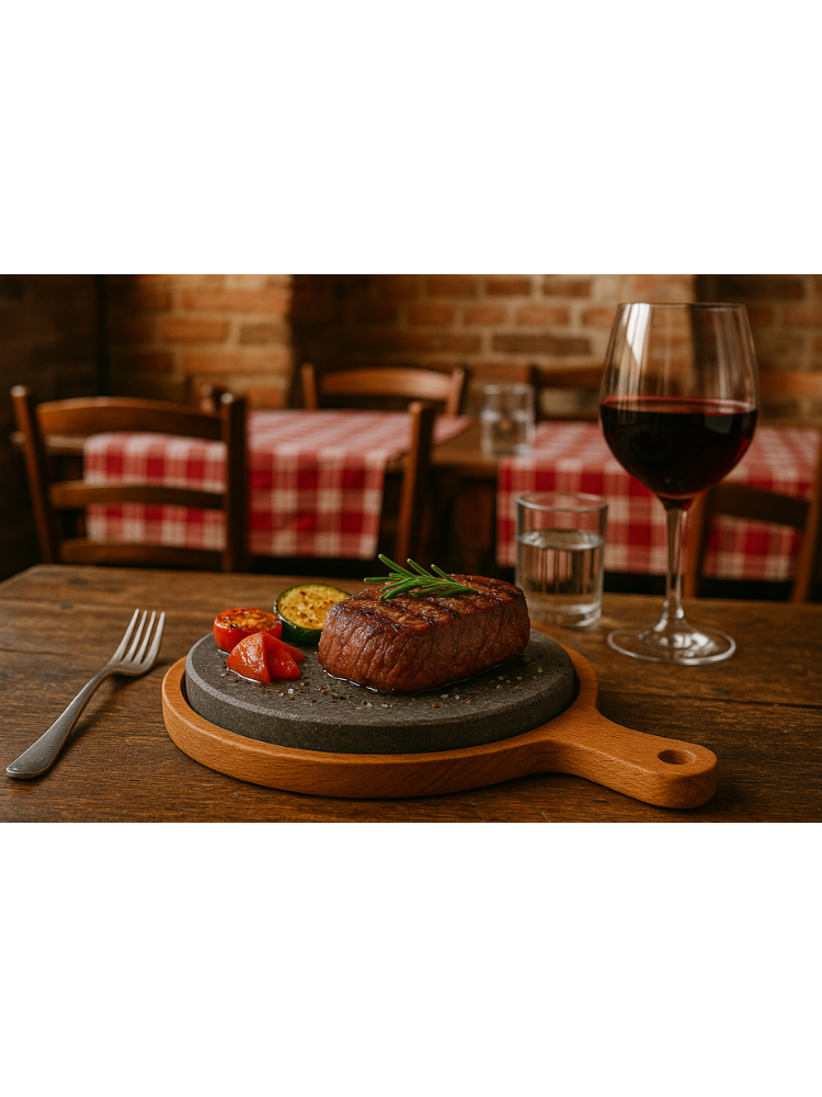 Piastra grande in pietra lavica Kalu Creations utilizzata per servire carne calda in tavola