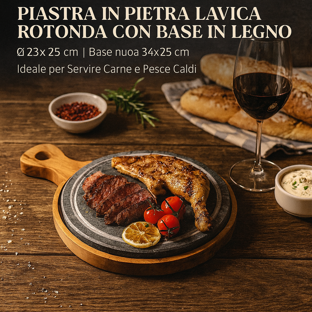Piastra in pietra lavica per carne pesce e verdure con base in legno elegante