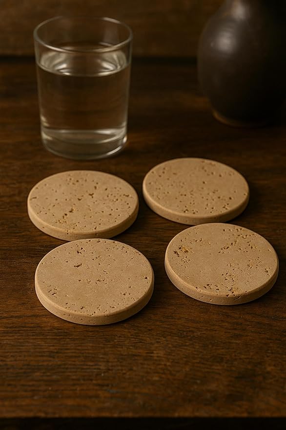 Set of 4 Round Natural Travertine Coasters Ø10 cm – Elegant and Durable, Scratch and Stain Resistant – Handmade in Italy | Kalu Creations