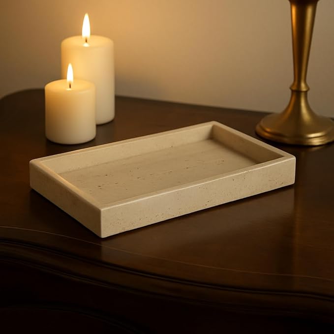 Elegant Rectangular Tray in Natural Travertine 25x15 cm | Decorative Stone Organizer for Bathroom, Entryway or Living Room – Handmade in Italy by Kalu Creations
