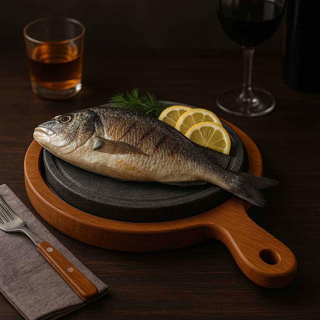 Piastra in pietra lavica artigianale Kalu Creations con scolo e base in legno, cottura uniforme ed effetto pietra calda