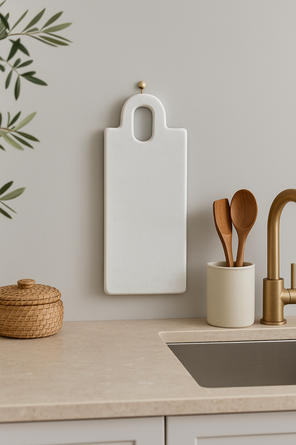 Tagliere in marmo bianco con manico – vassoio cucina e tavola di design