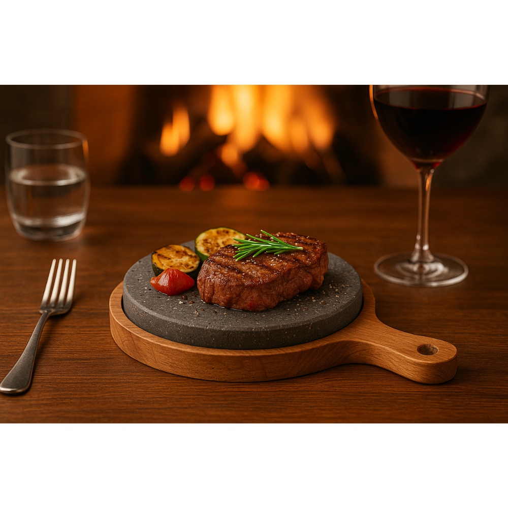 Vista dall’alto della piastra in pietra lavica con base in legno Kalu Creations