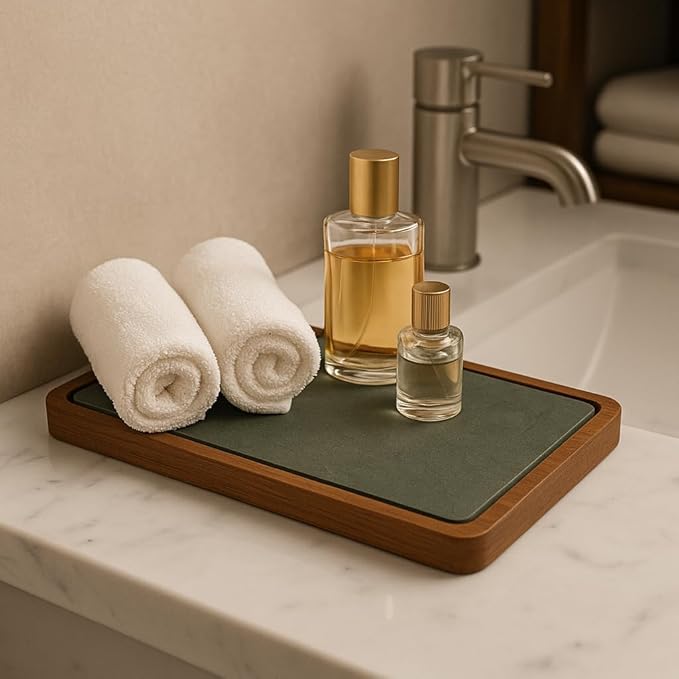 Green Slate and Teak Wood Tray – Elegant Rectangular Serving Tray for Kitchen and Dining Table 30x15 cm – Handmade in Italy – Kalu Creations