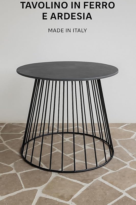 Kalu Creations Modern Table with Bordeaux Slate Top Ø 60 cm – Iron Frame – Height 57.5 cm – Italian Elegance for Living Rooms and Terraces