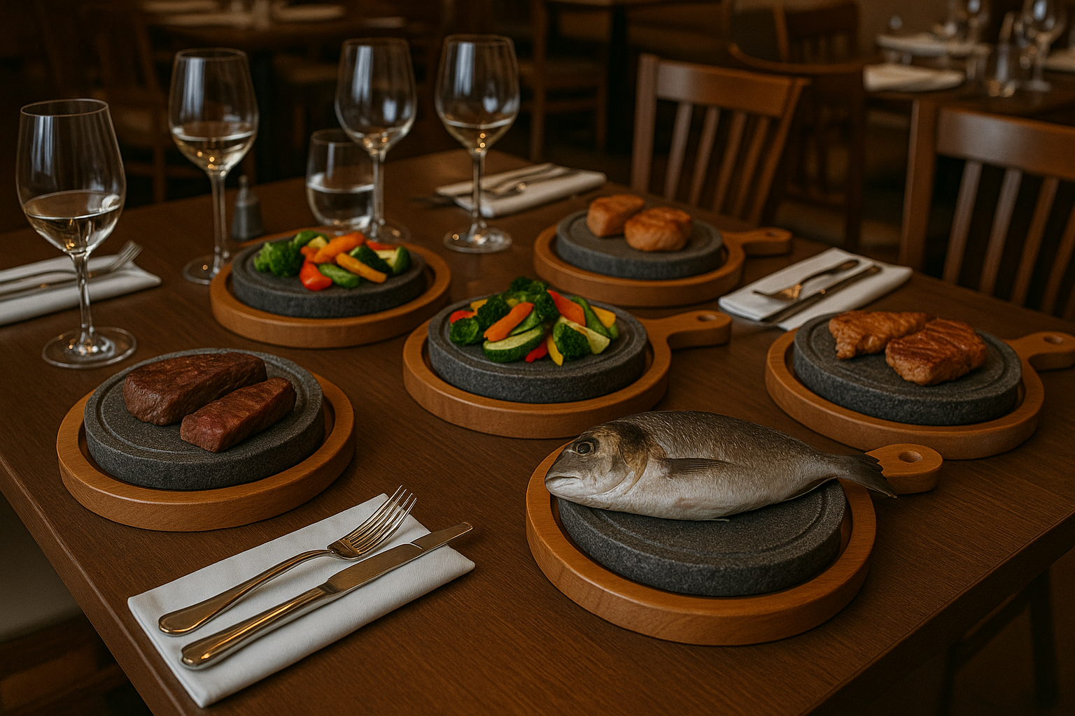 Piastra in pietra lavica artigianale Kalu Creations con scolo e base in legno, cottura uniforme ed effetto pietra calda