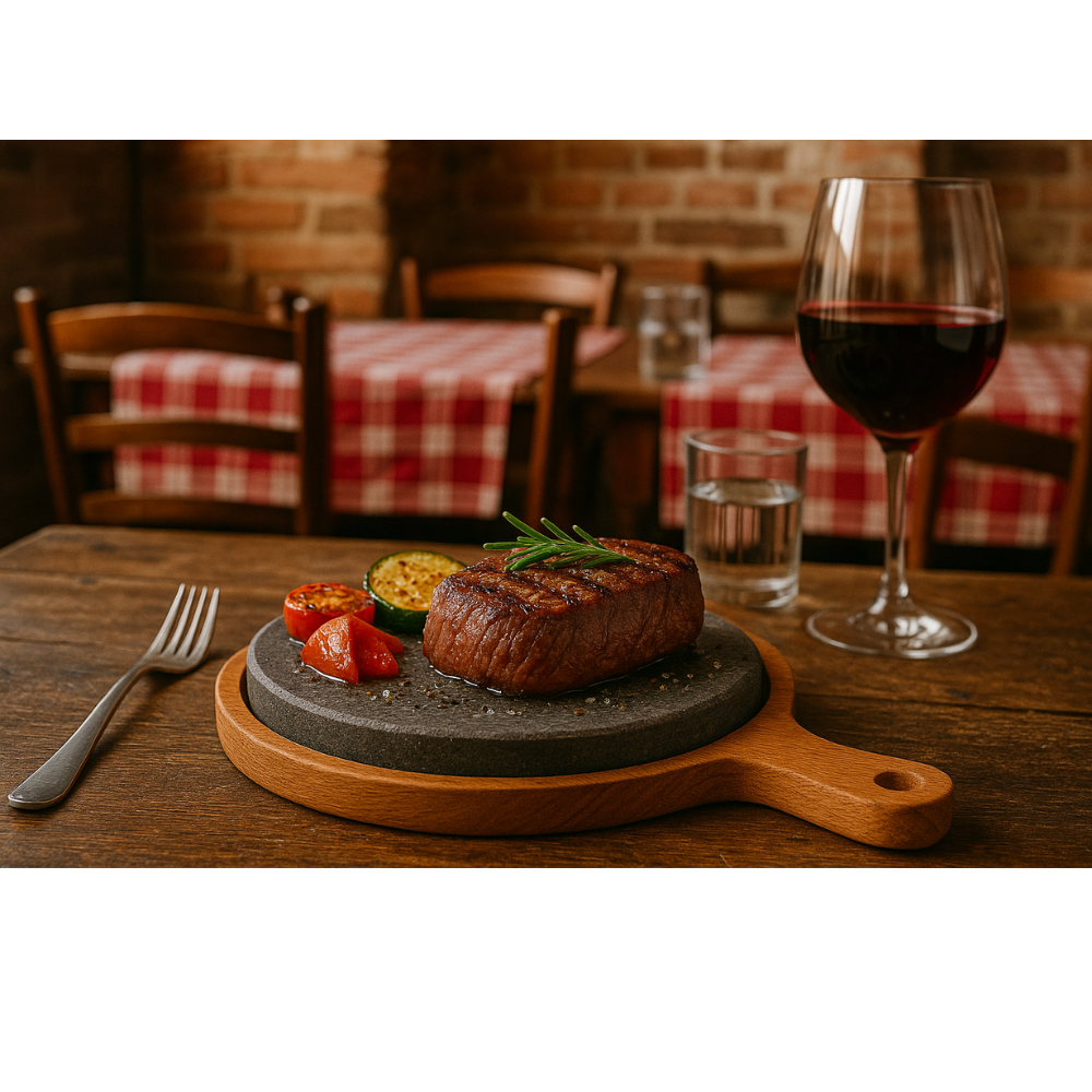 Piastra in pietra lavica naturale con base in legno, presentazione raffinata per piatti caldi