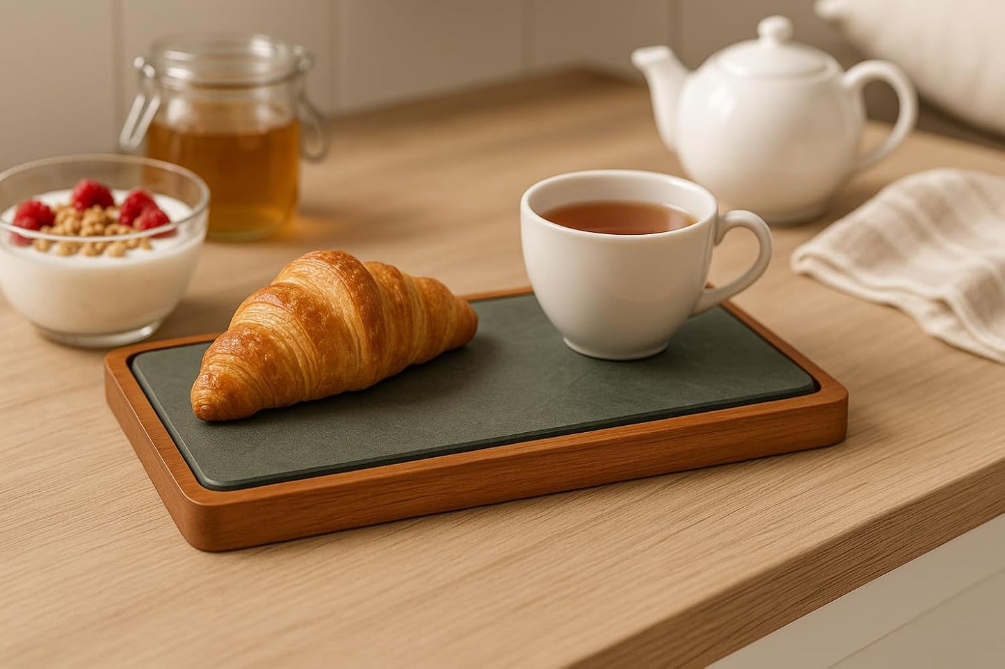Green Slate and Teak Wood Tray – Elegant Rectangular Serving Tray for Kitchen and Dining Table 30x15 cm – Handmade in Italy – Kalu Creations