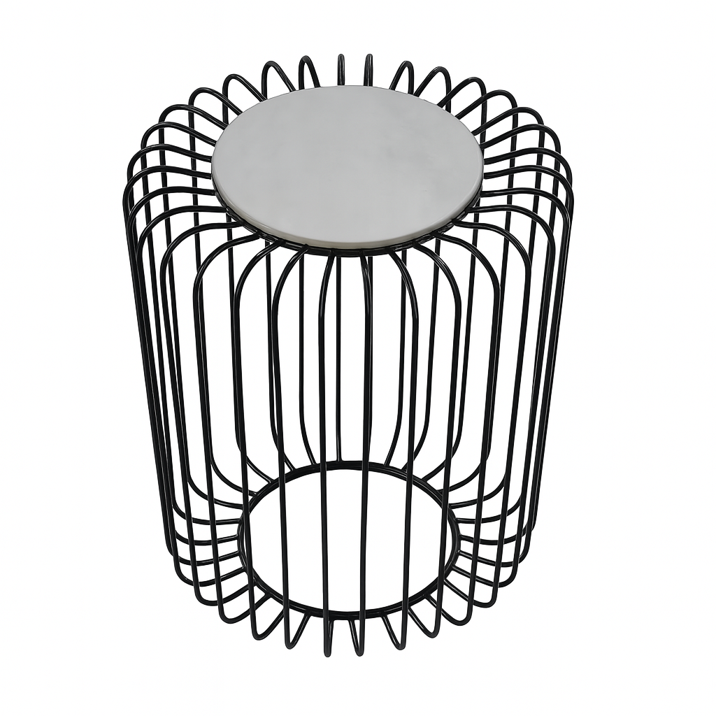 Kalu Creations Modern Side Table – Black Iron Frame with White Marble Top Ø 23.5 cm – Base Ø 39 cm – Height 55 cm – Handmade in Italy for Living Room, Bedroom, Hotel

