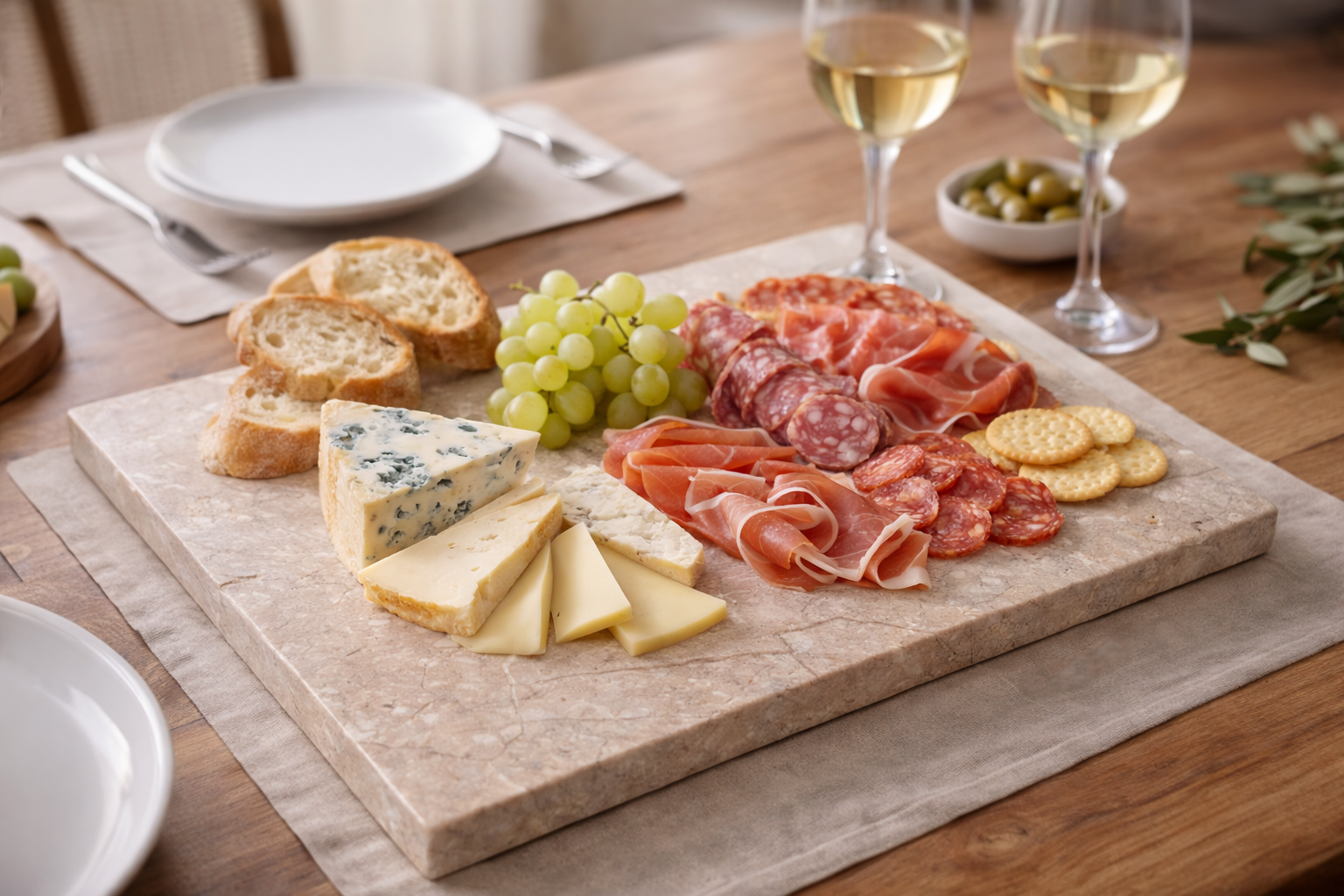 Natural stone marble board with appetizers and wine
