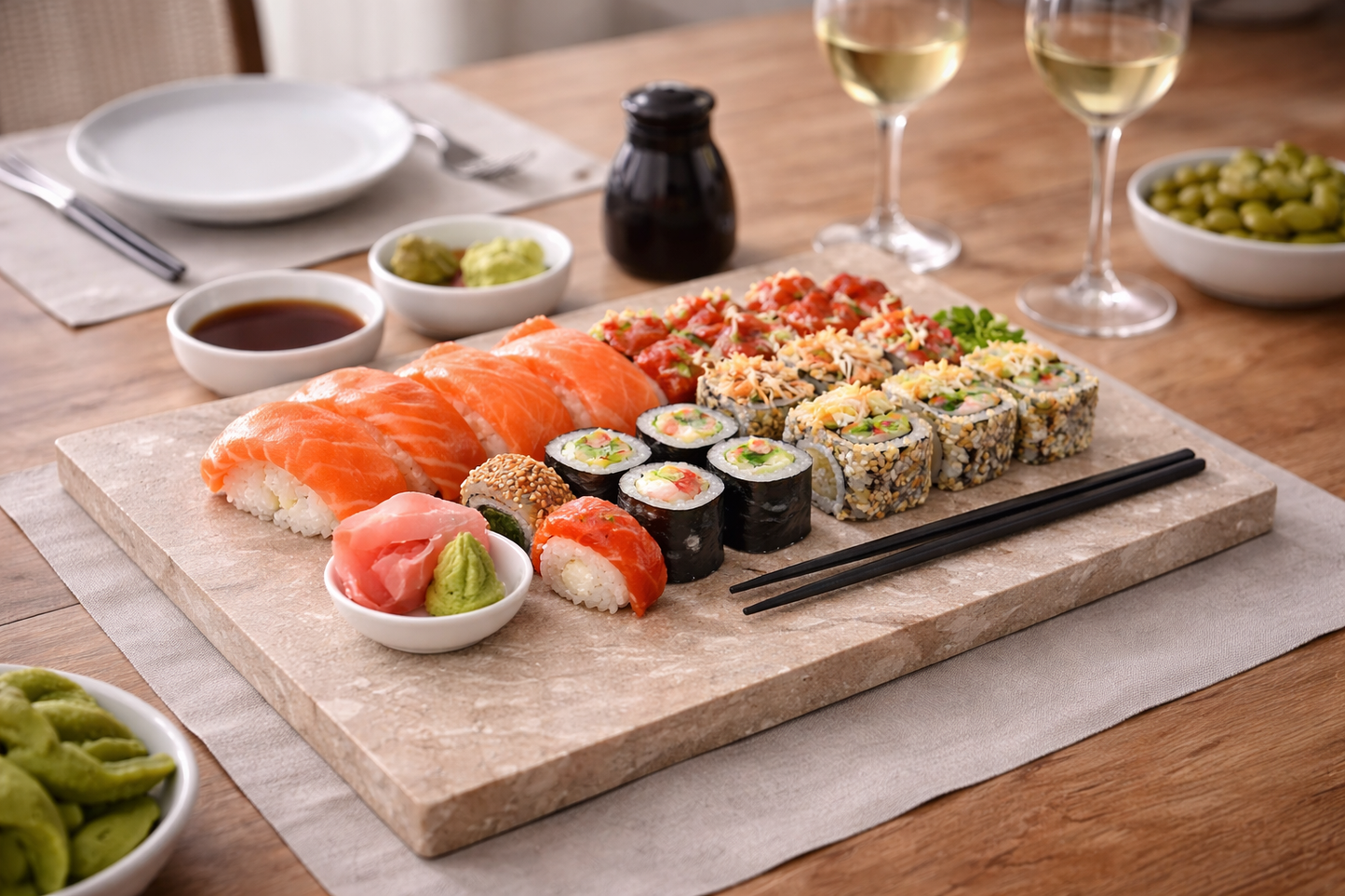 Rectangular marble serving board with sushi and gourmet food