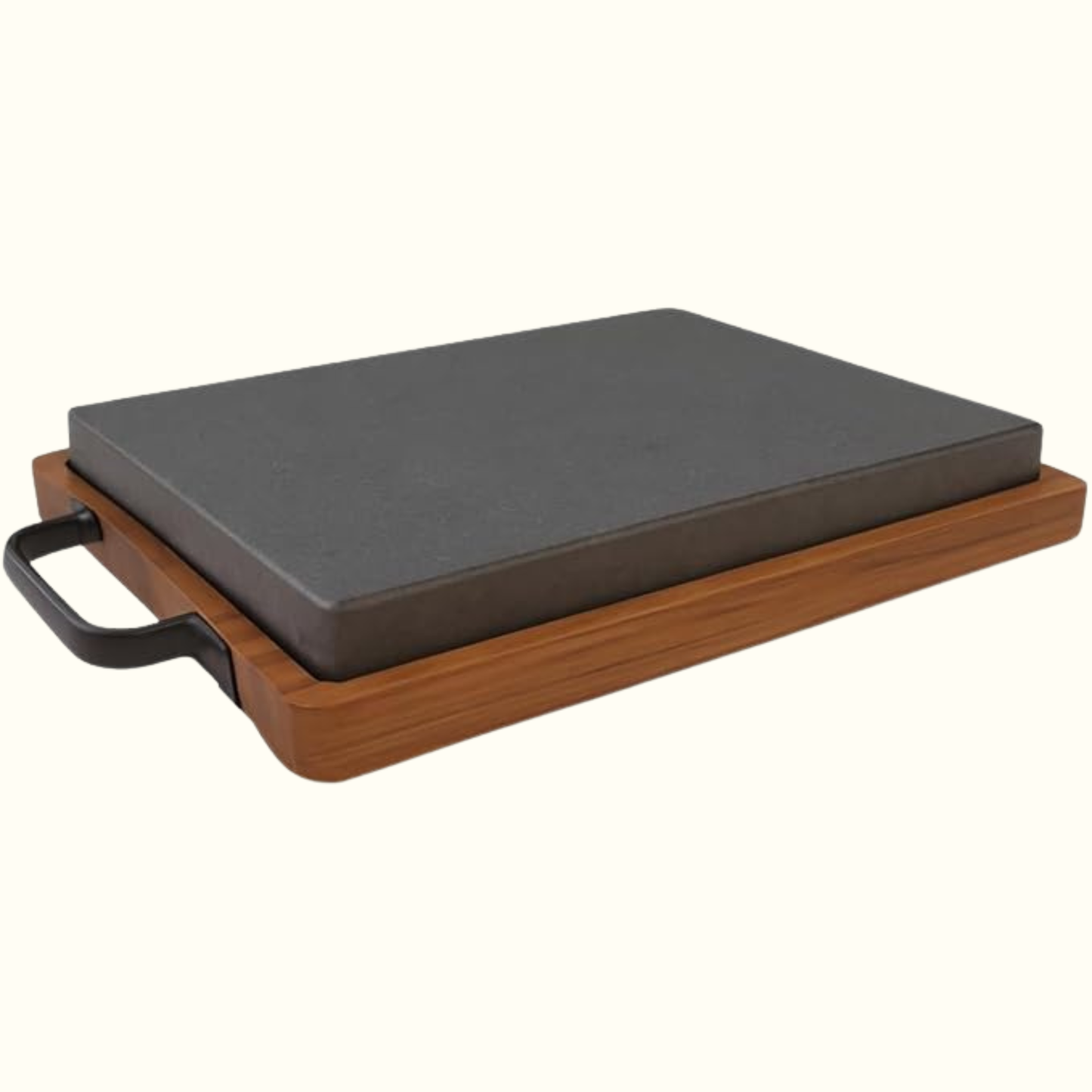 Lava stone grilling plate with wooden base and metal handle, Italian handcrafted design